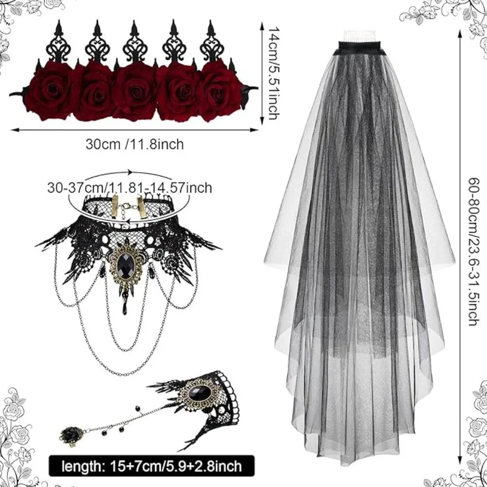 Halloween Vintage Rose Floral Gothic Crown Headpiece 5pcs